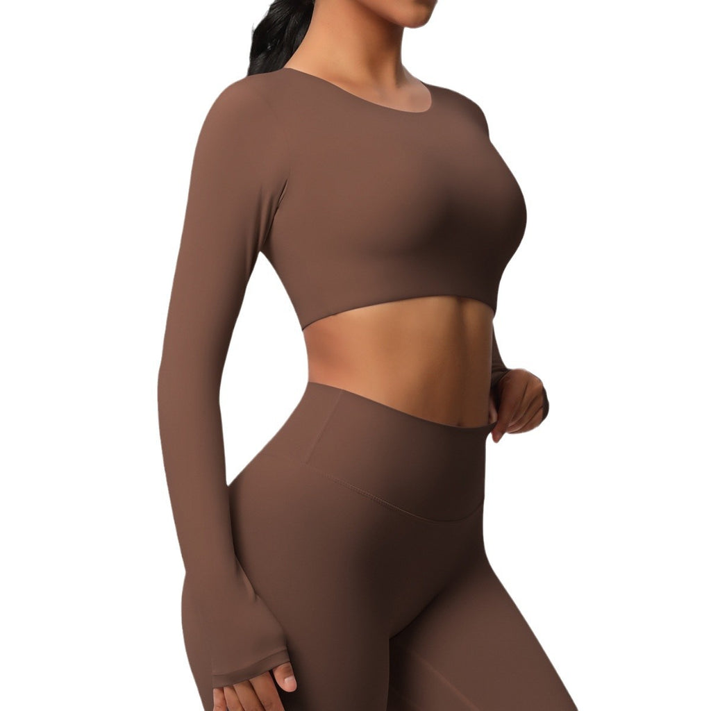 Double-sided sanding tight-fitting long-sleeved yoga clothes with chest pads Pilates running long-sleeved tops