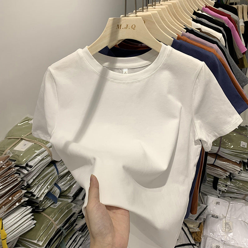 Elastic thread cotton shoulder casual solid color short sleeve T-shirt women's new slim bottoming shirt