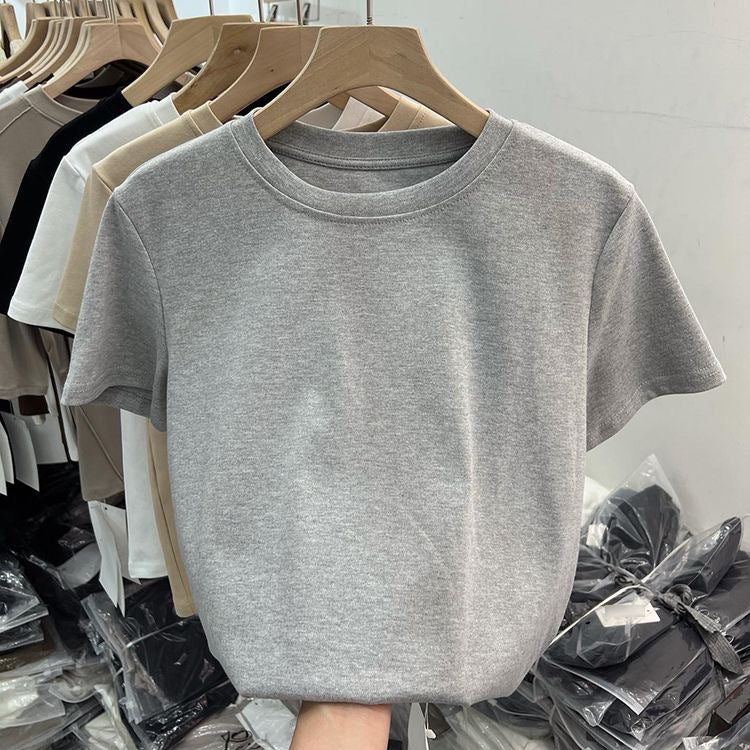 Elastic thread cotton shoulder casual solid color short sleeve T-shirt women's new slim bottoming shirt