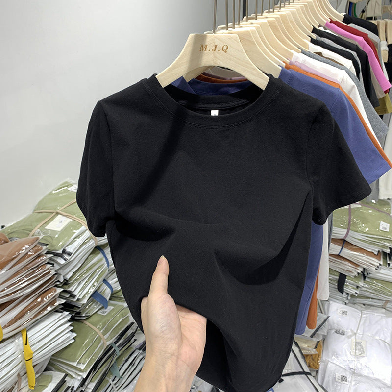 Elastic thread cotton shoulder casual solid color short sleeve T-shirt women's new slim bottoming shirt