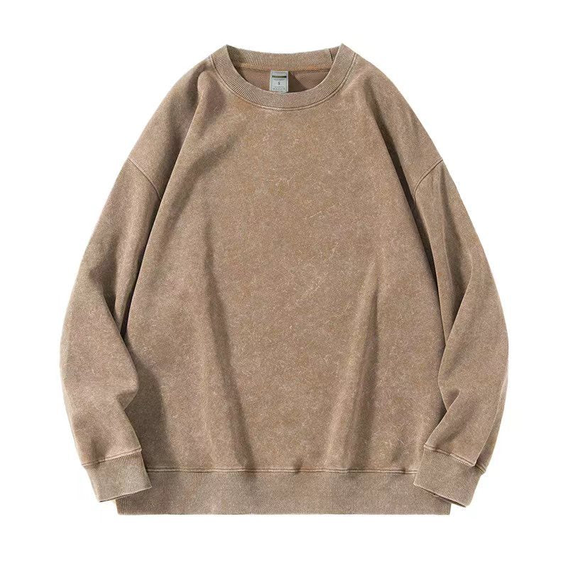 Retro old solid color sweater with round neck and long sleeves for men and women