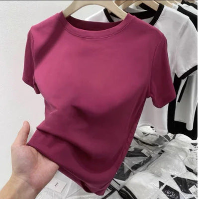 Elastic thread cotton shoulder casual solid color short sleeve T-shirt women's new slim bottoming shirt