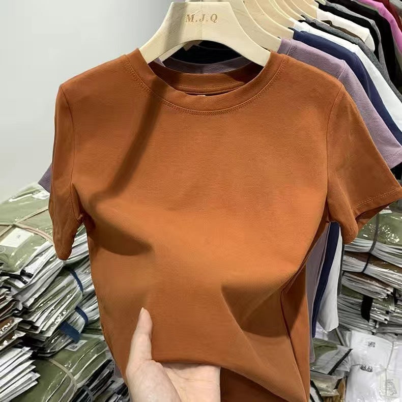 Elastic thread cotton shoulder casual solid color short sleeve T-shirt women's new slim bottoming shirt