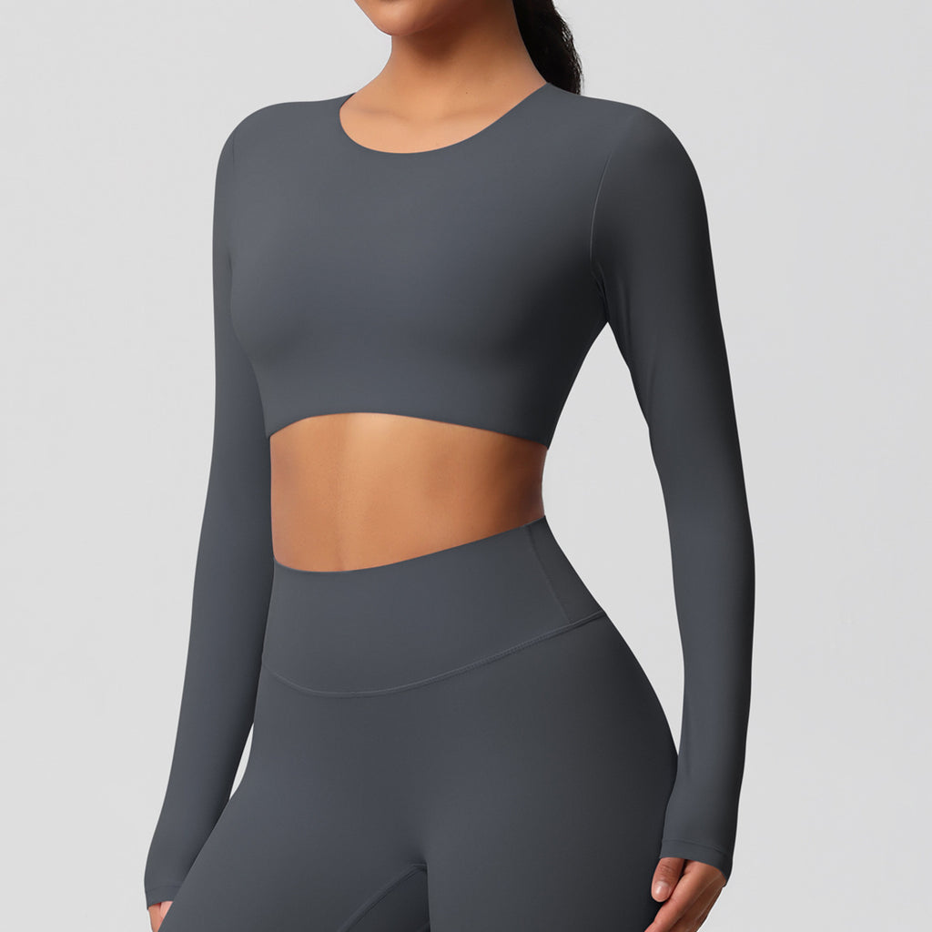 Double-sided sanding tight-fitting long-sleeved yoga clothes with chest pads Pilates running long-sleeved tops