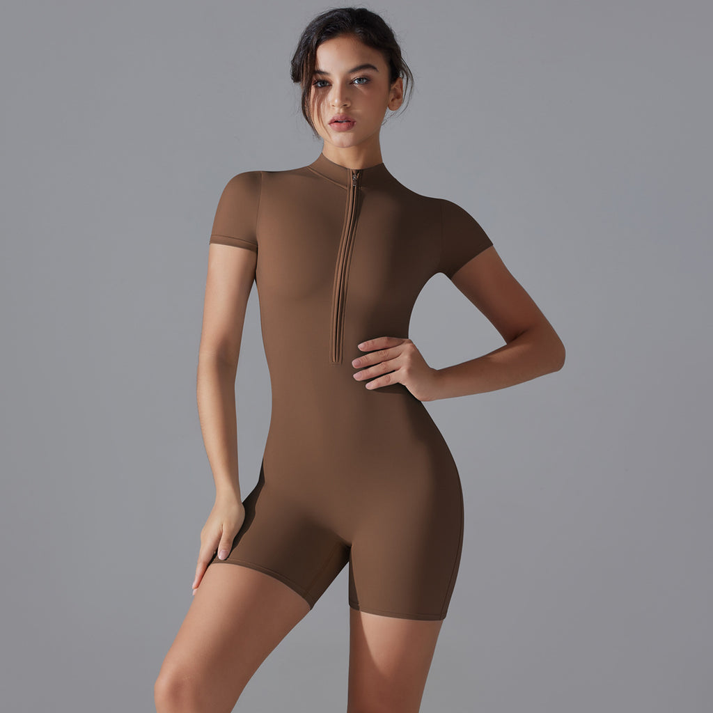 Summer zipper short sleeve shorts yoga jumpsuit