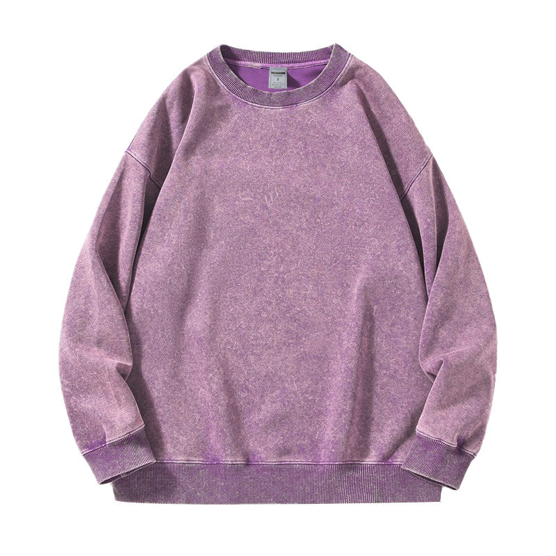 Retro old solid color sweater with round neck and long sleeves for men and women