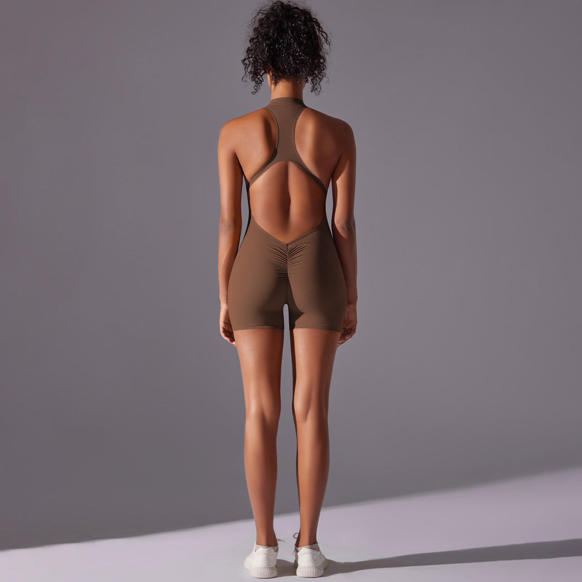 Solid color high-intensity nude tight-fitting sports beauty back jumpsuit yoga clothes