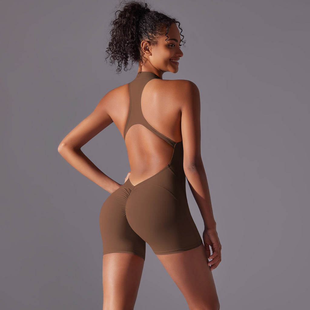 Solid color high-intensity nude tight-fitting sports beauty back jumpsuit yoga clothes