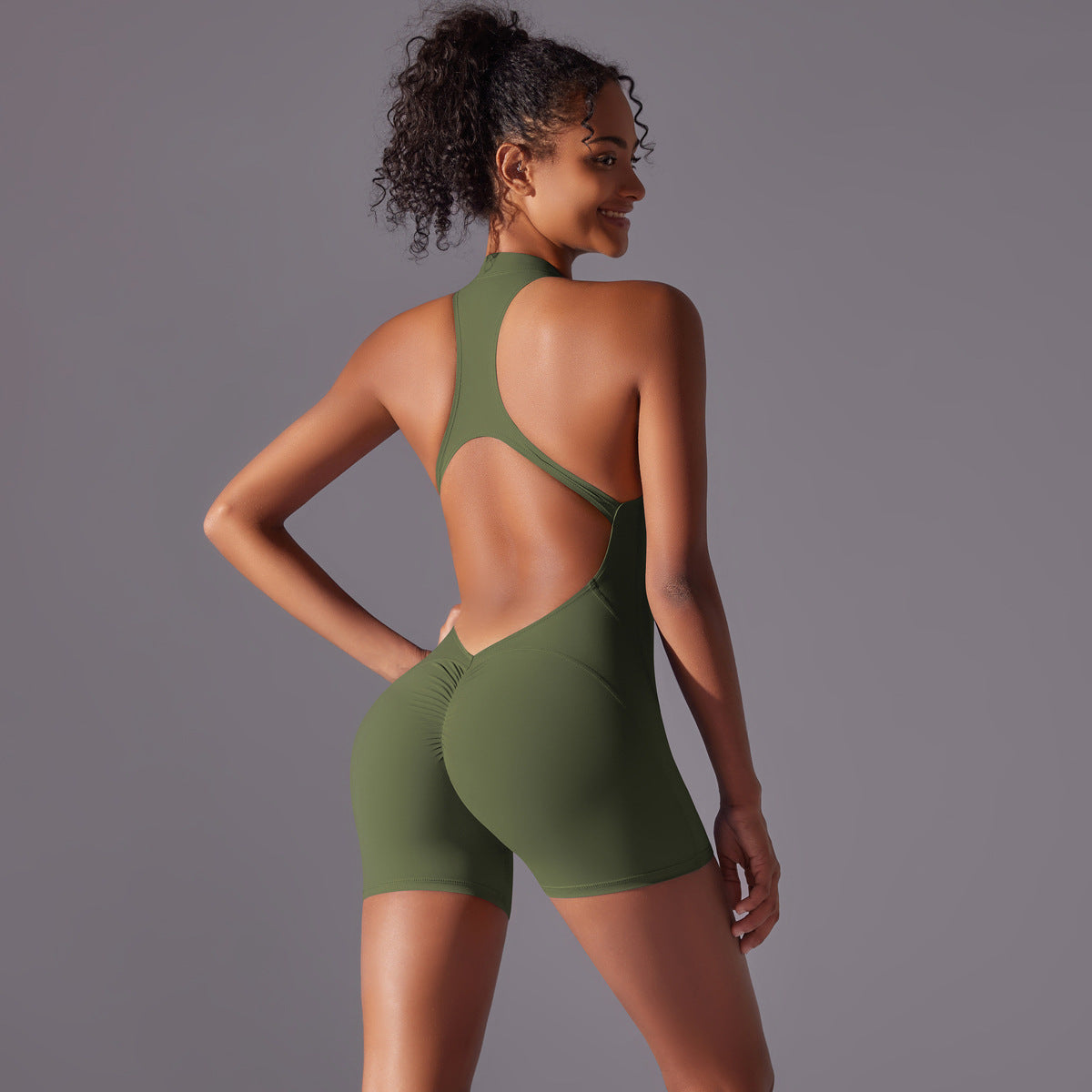 Solid color high-intensity nude tight-fitting sports beauty back jumpsuit yoga clothes