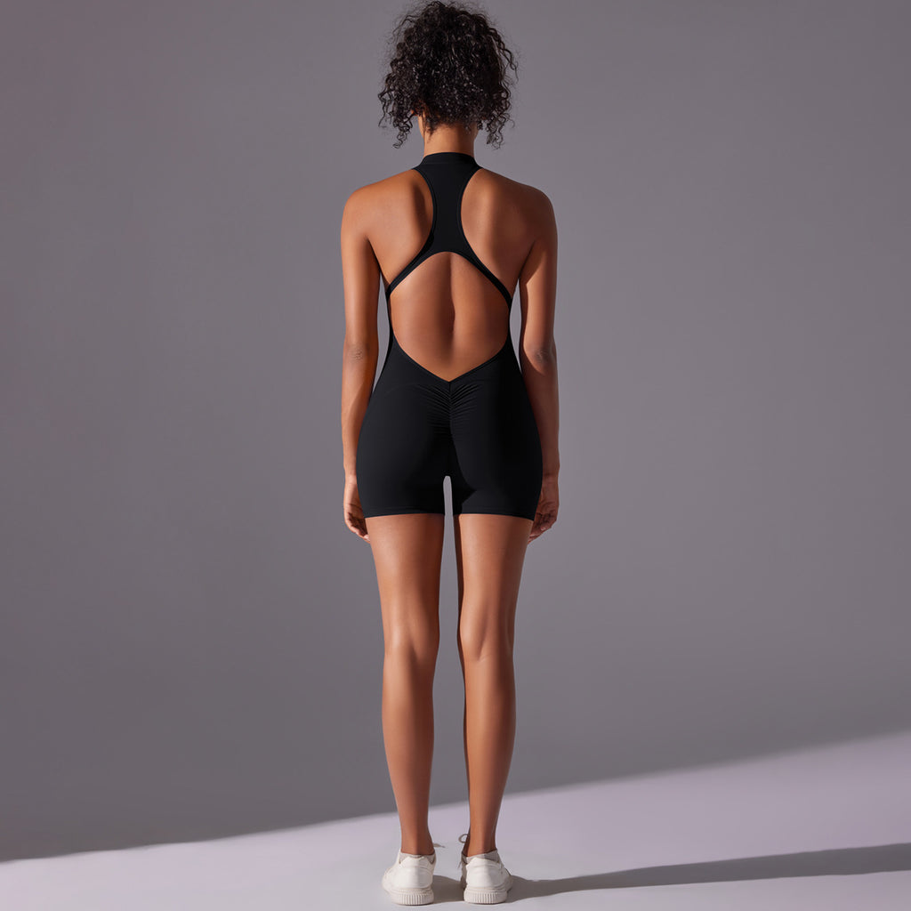 Solid color high-intensity nude tight-fitting sports beauty back jumpsuit yoga clothes