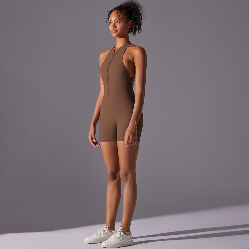 Solid color high-intensity nude tight-fitting sports beauty back jumpsuit yoga clothes