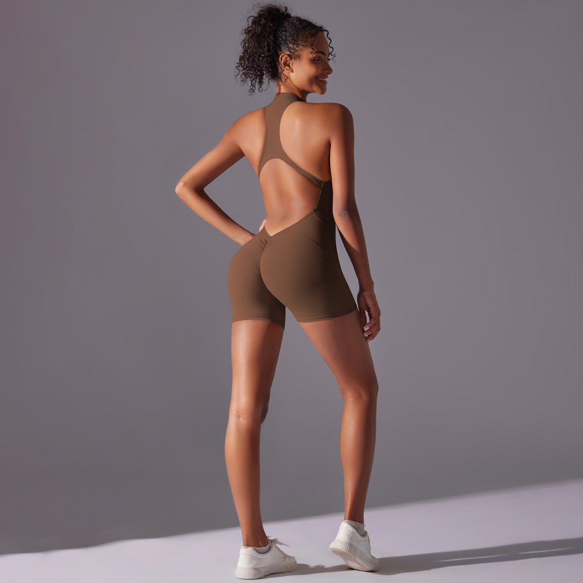 Solid color high-intensity nude tight-fitting sports beauty back jumpsuit yoga clothes