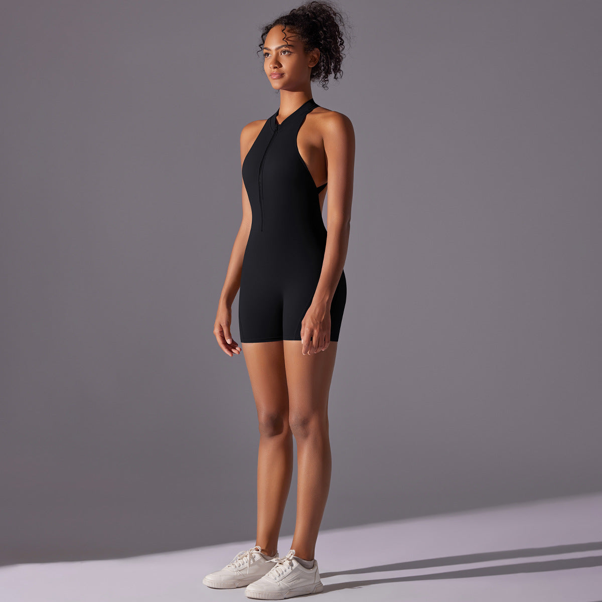 Solid color high-intensity nude tight-fitting sports beauty back jumpsuit yoga clothes